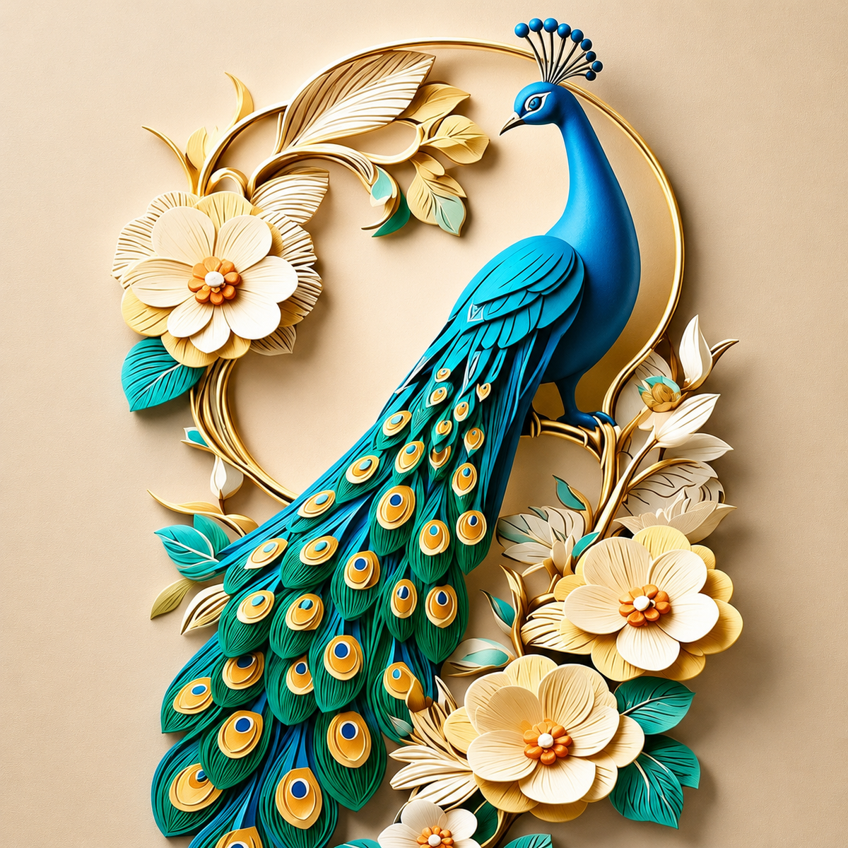 Woodara Peacock Floral Luxury Wall Art