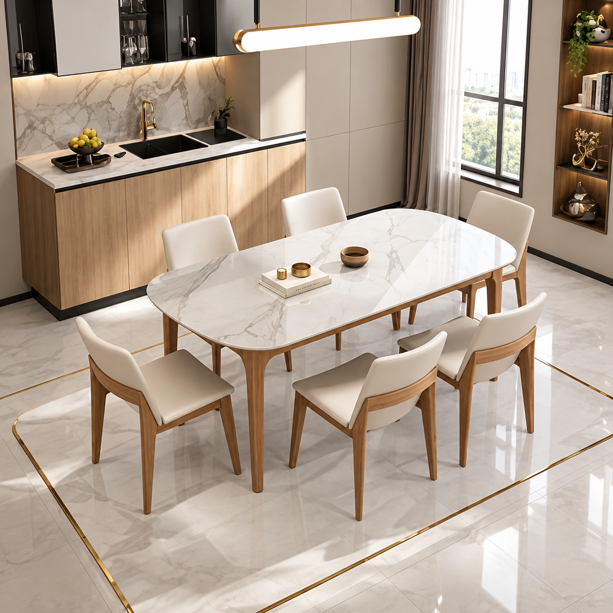 Woodara Hong Marble Dining Set - Configuration: 6 Seater